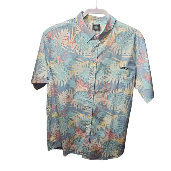 Mens Large Rising Tide Aloha Camp Shirt Blue Tropical Print Cotton Spandex Blend - Picture 1 of 8